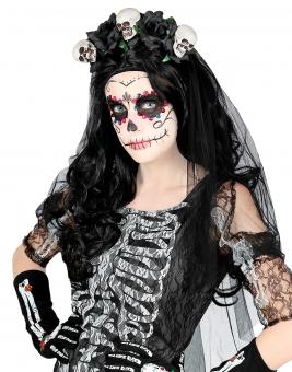 Bridal veil with skulls and black roses:black 