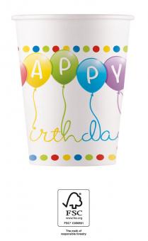 Happy Birthday Streamers Party cups, FSC:8 Item, 200ml, multicolored 