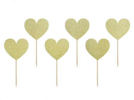 Heart toppers for cake decoration and cupcakes:6 Item, 11 cm, or/gold 