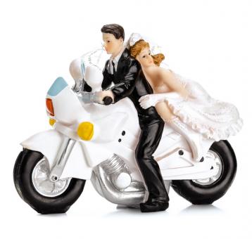 Wedding couple cake topper on motorcycle:11.5 x 15 cm, white/black 