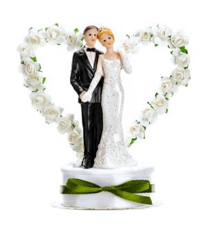 Topper de gâteau de couple de mariage avec coeur de fleurs:16 cm, blanc 