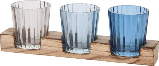Teelichthalter mit 3 Gläser auf Holz:22 x 6 x 4 cm 