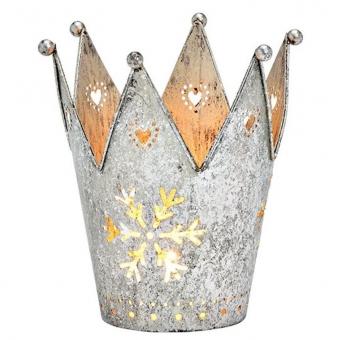 Photophore couronne, décor flocon de neige:10 cm, argent 