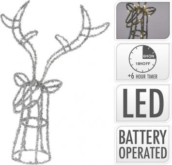 Deco reindeer head with 30 LEDs and timer:40 cm, silver 