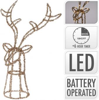 Tête de renne déco avec 30 LED et minuterie:40 cm, or 