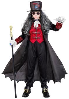 Vampire Lord : Cape longue avec gilet et jabot, chapeau haut de forme:noir/rouge 