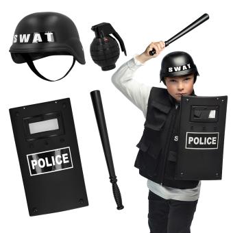 SWAT Polizei Kinder Zubehör Set: Helm, Schild, Knüppe, Granate:schwarz 
