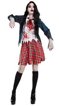 Costume Zombie Schoolgirl: Veste avec chemise et ruban, jupe:multicolore 