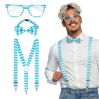 Oktoberfest set: party glasses, bow tie and suspenders:blue/white 