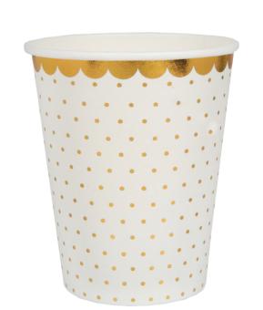 Gobelets de fête à pois avec bordure dorée, carton:10 pièce, 2.7 dl, blanc 