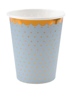 Gobelets de fête à pois avec bordure dorée, carton:10 pièce, 2.7 dl, bleu 