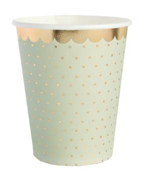 Gobelets de fête à pois avec bordure dorée, carton:10 pièce, 2.7 dl, vert 