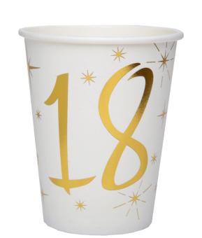 18. Geburtstag Partybecher aus Papier:10 Stück, 2.7 dl, weiss/gold 