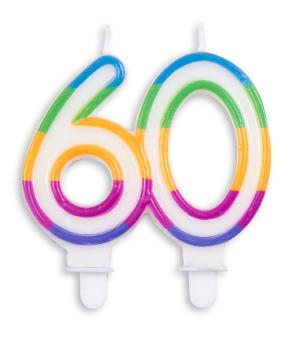 Number candle 60 for the birthday cake:8 x 7 x 1.2 cm, colorful 