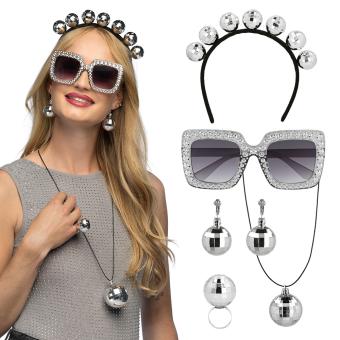 Disco Set mit Diadem, Partybrille, Halskette, Ring und Ohrringe:silber 