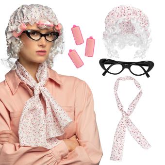 Grossmutter-Set mit Schlafmütze, Halstuch, Brille, Lockenwickler 