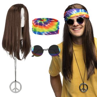 Hippie-Set John mit Stirnband, Brille, Perücke und Halskette:bunt 