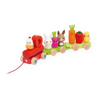 Kleine Bauernhof-Holzeisenbahn mit Gemüse und Tieren – 19 Teile zum Ziehen:14 x 7 x 42 cm 