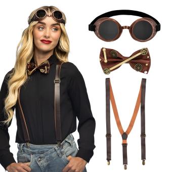 Steampunk Set:Brille, Fliege und Hosenträger:braun 