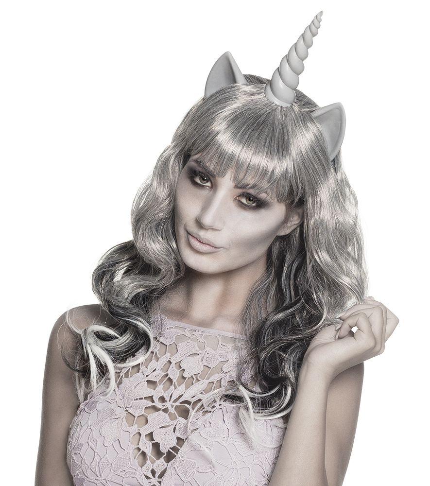 Boland Geister Einhorn Perücke – Grau, Langhaarig Mit Horn & Ohren – Für Halloween & Fasching