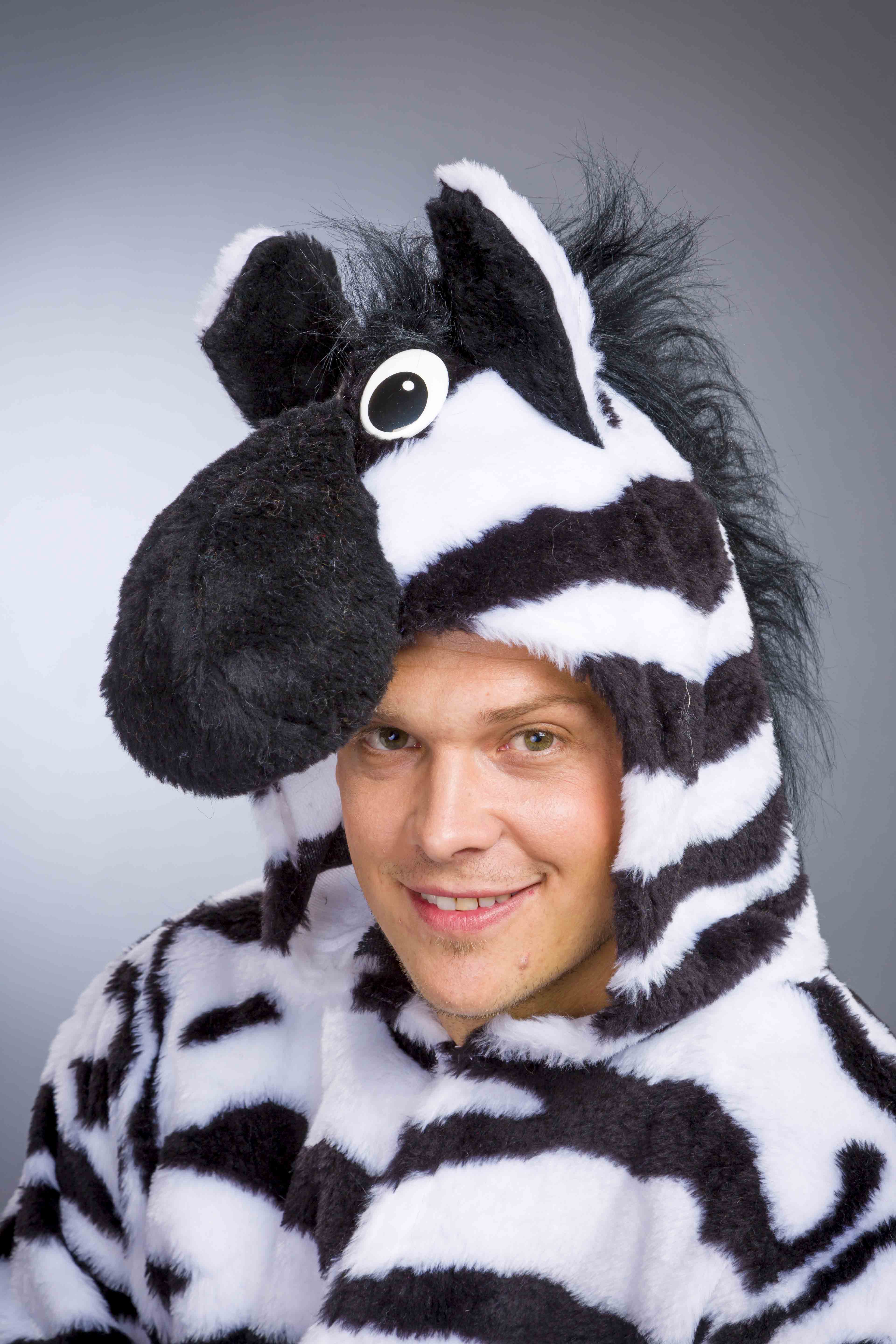 Zebra Kostüm Overall mit Kapuzeschwarz/weiss Fasnacht